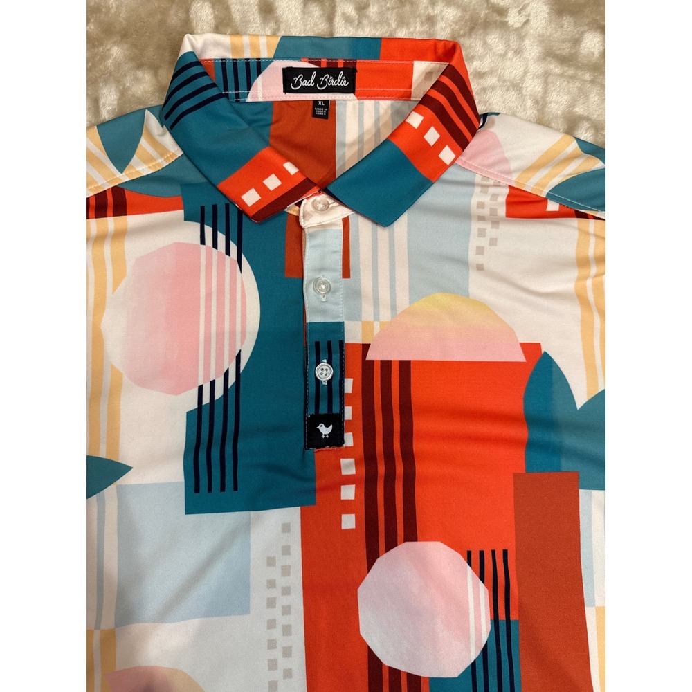 Bad Birdie Mens XL Golf Polo Shirt Geometric Abstract Print Short Sleeve Retro